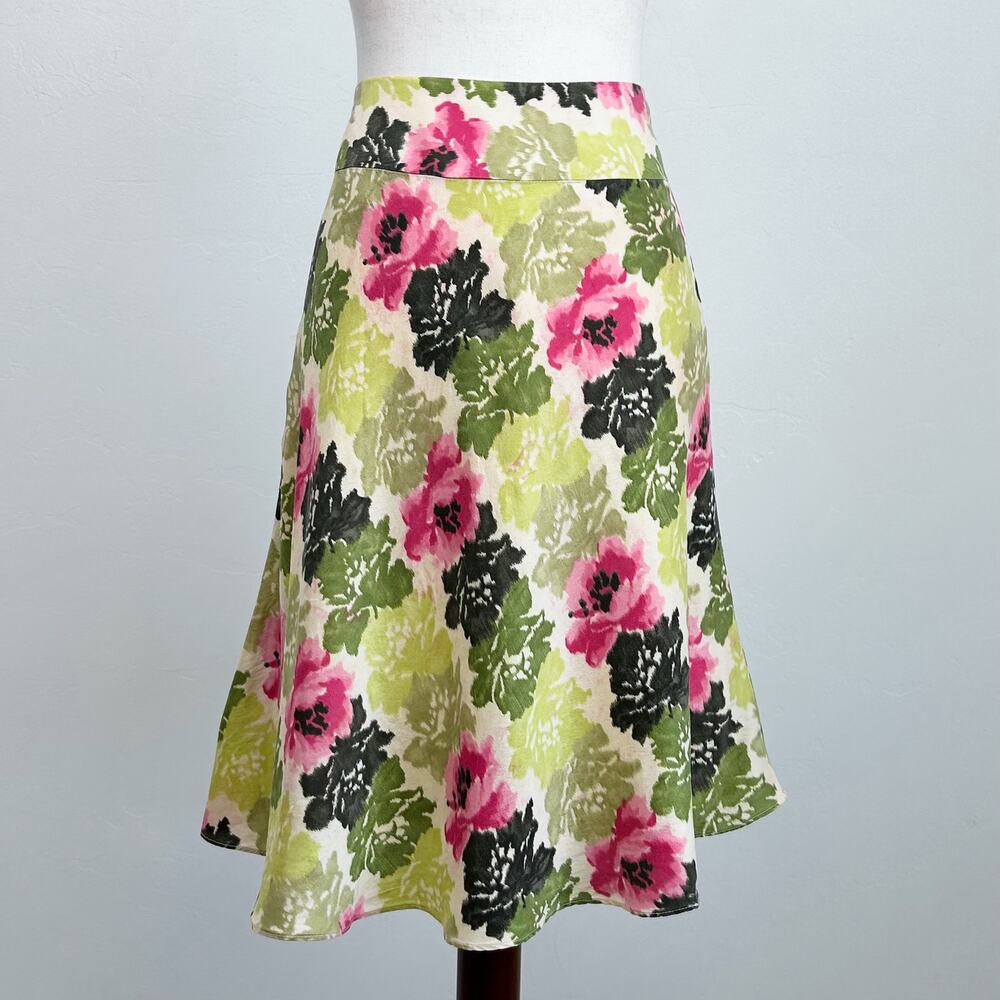 Ann Taylor Green Pink Floral 100% Silk Flowy A-Line Knee Length Skirt SIZE 4